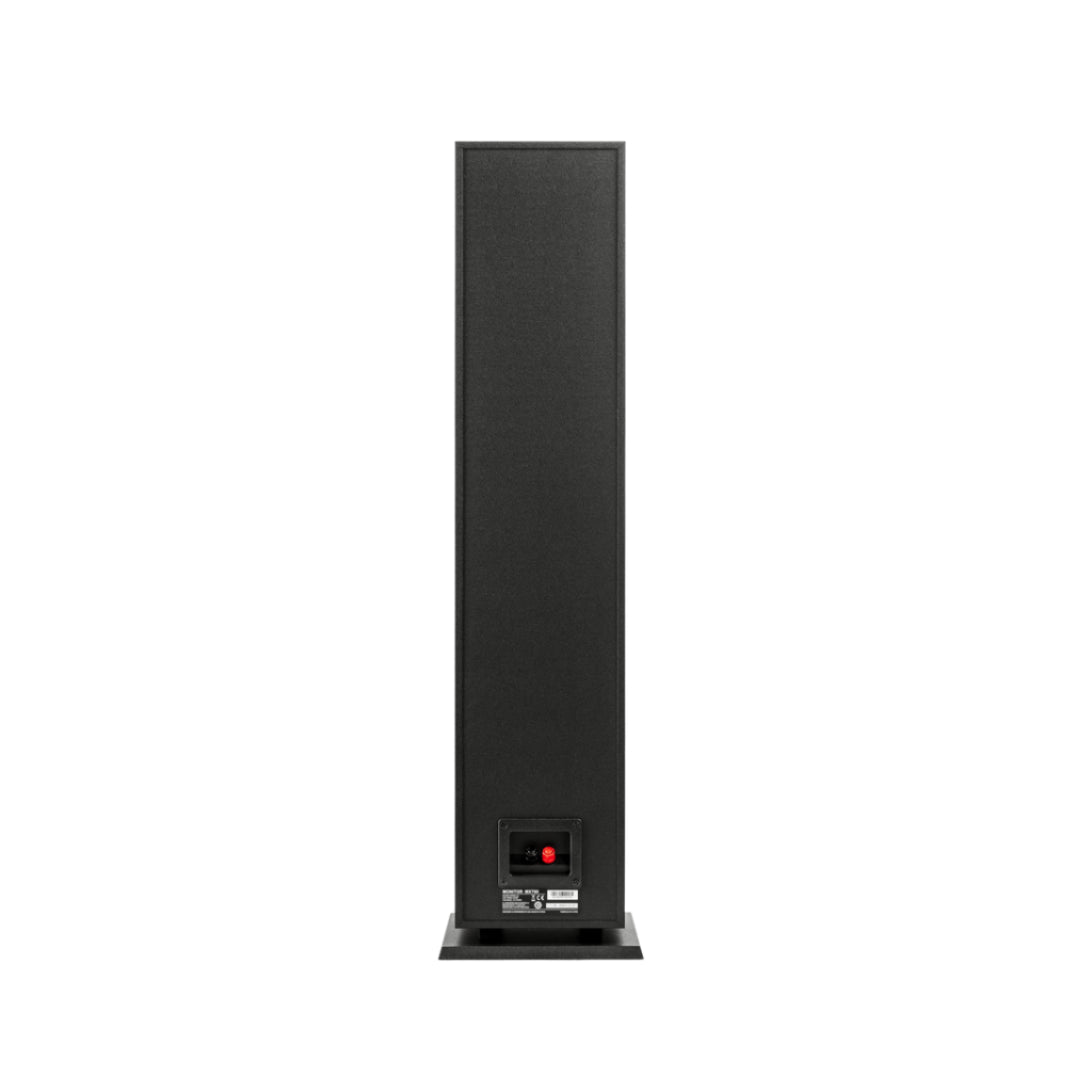 Black floor-standing speaker on a white background