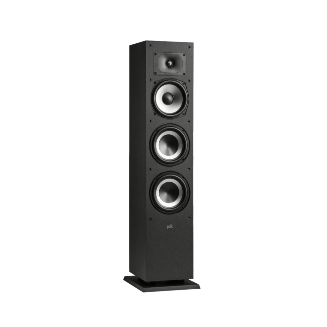 Black floor-standing speaker on a white background