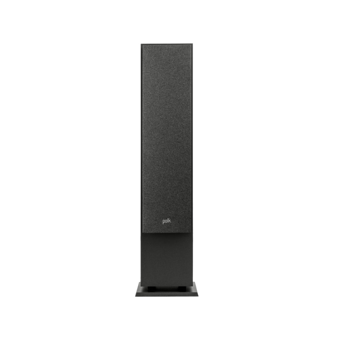 Black floor-standing speaker on a white background