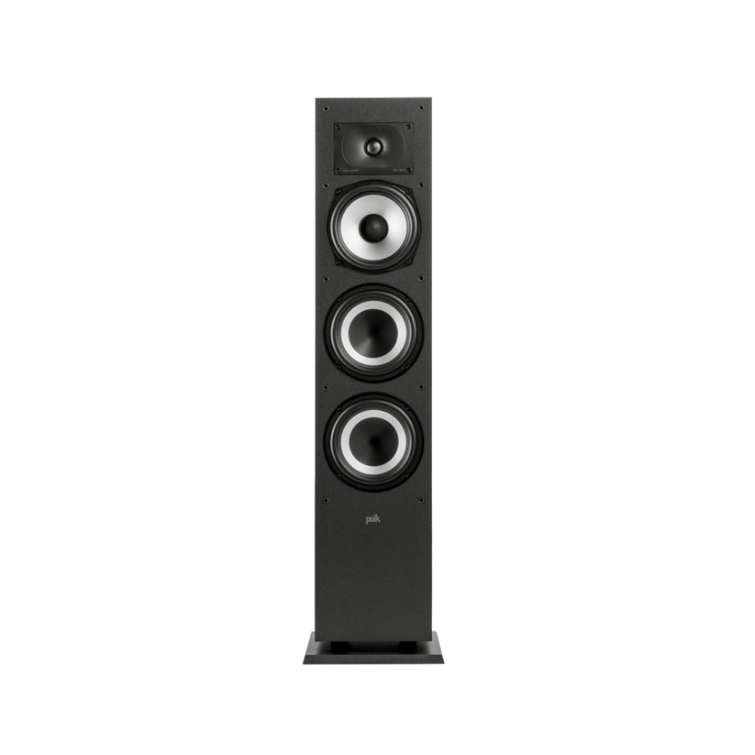 Black floor-standing speaker on a white background