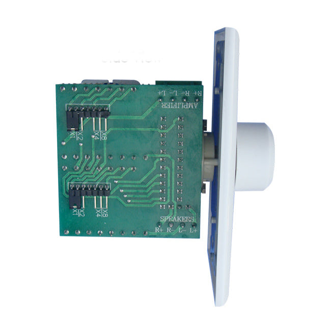 Electronic component with a green circuit board and white casing on a white background