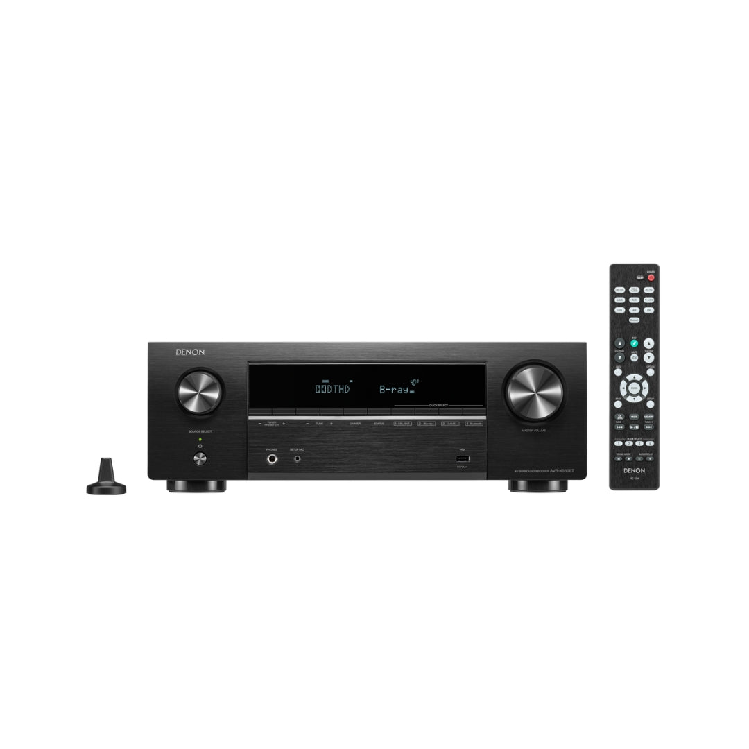 Black audio receiver with remote control on a white background