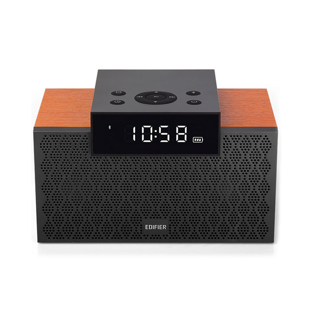Modern clock radio with wooden front panel on a white background