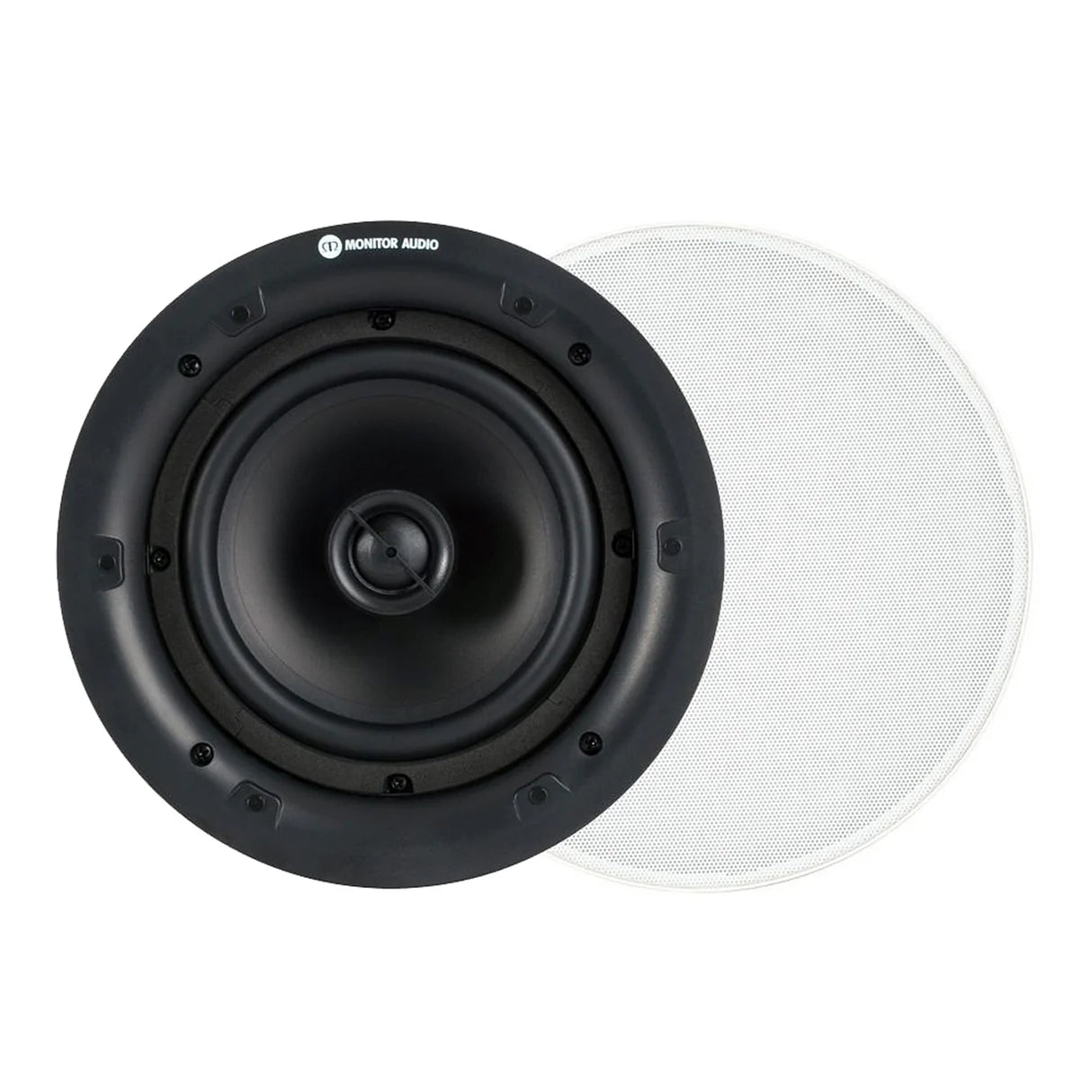 Black and white ceiling speakers on a white background