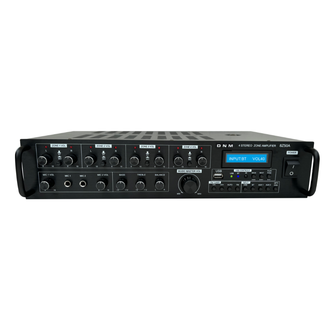Black audio amplifier on a white background