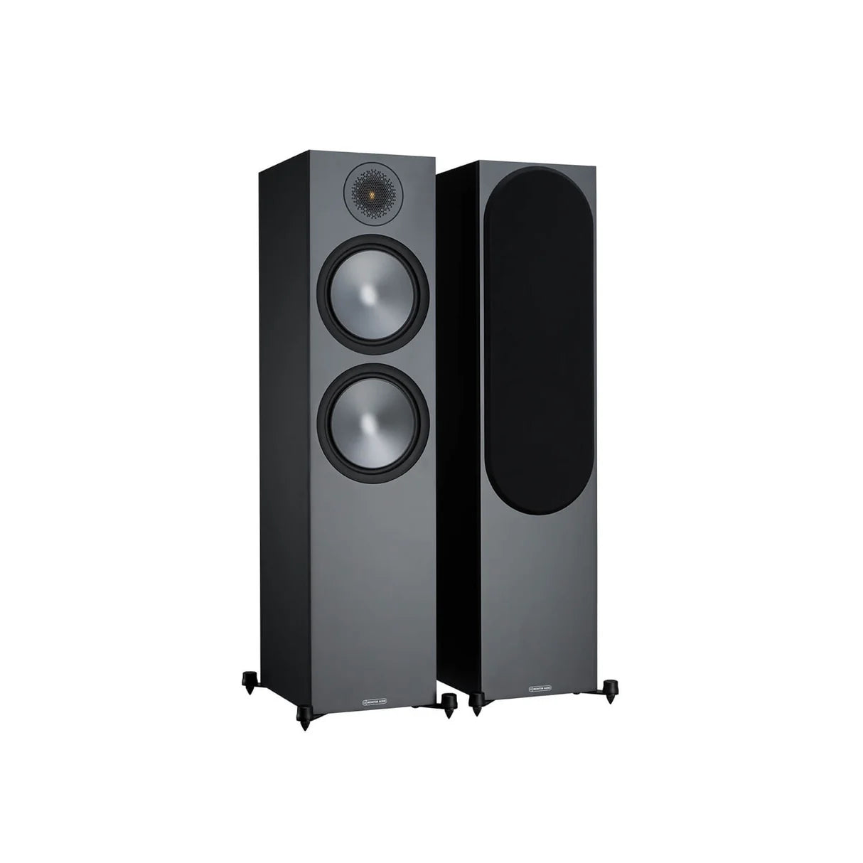 Pair of black floor-standing speakers on a white background
