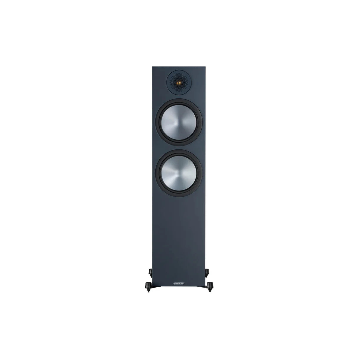 Pair of black floor-standing speakers on a white background