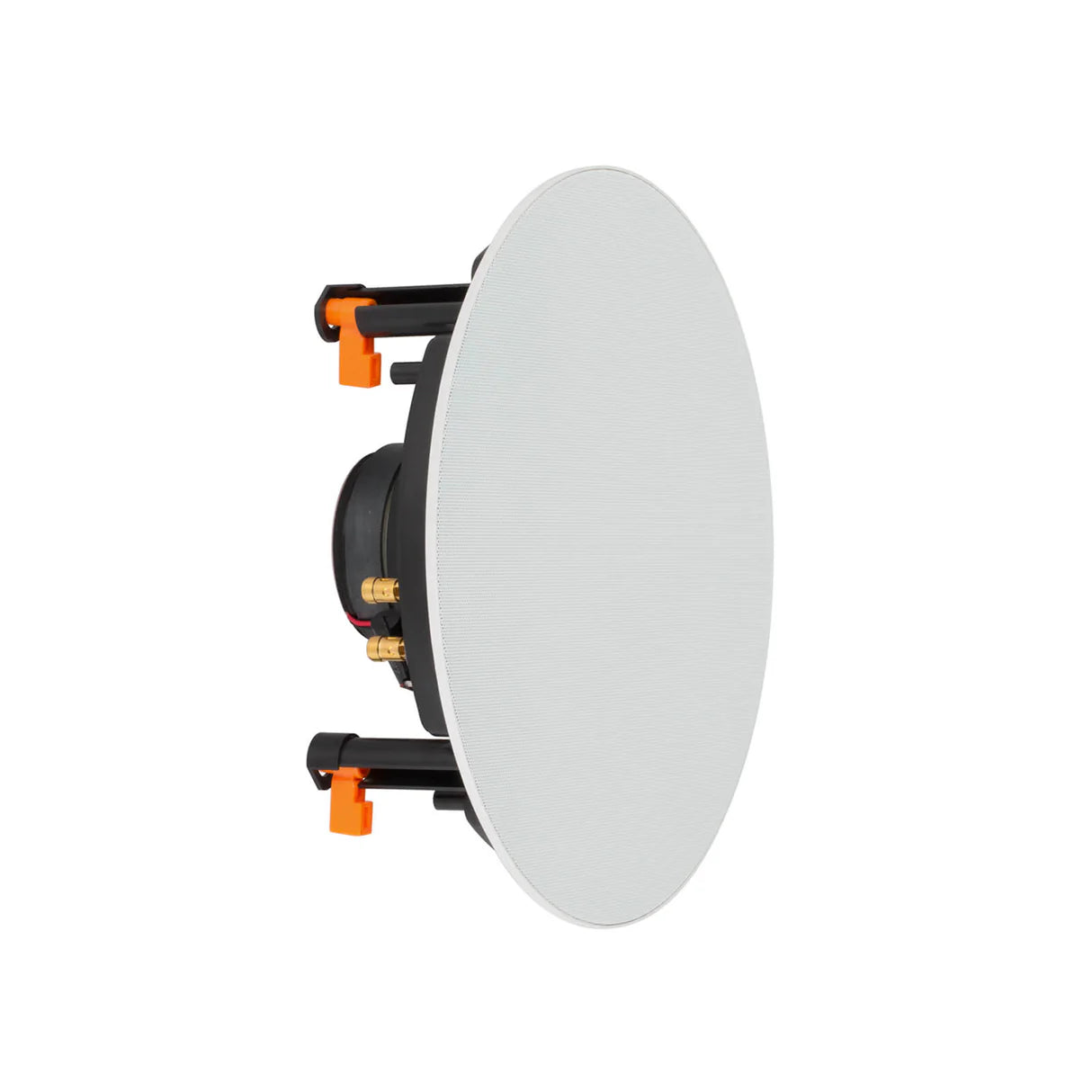 Ceiling speaker with white shade and black housing on a white background