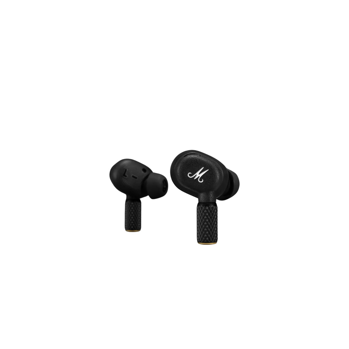 Black Marshall wireless earbuds in a case on a white background