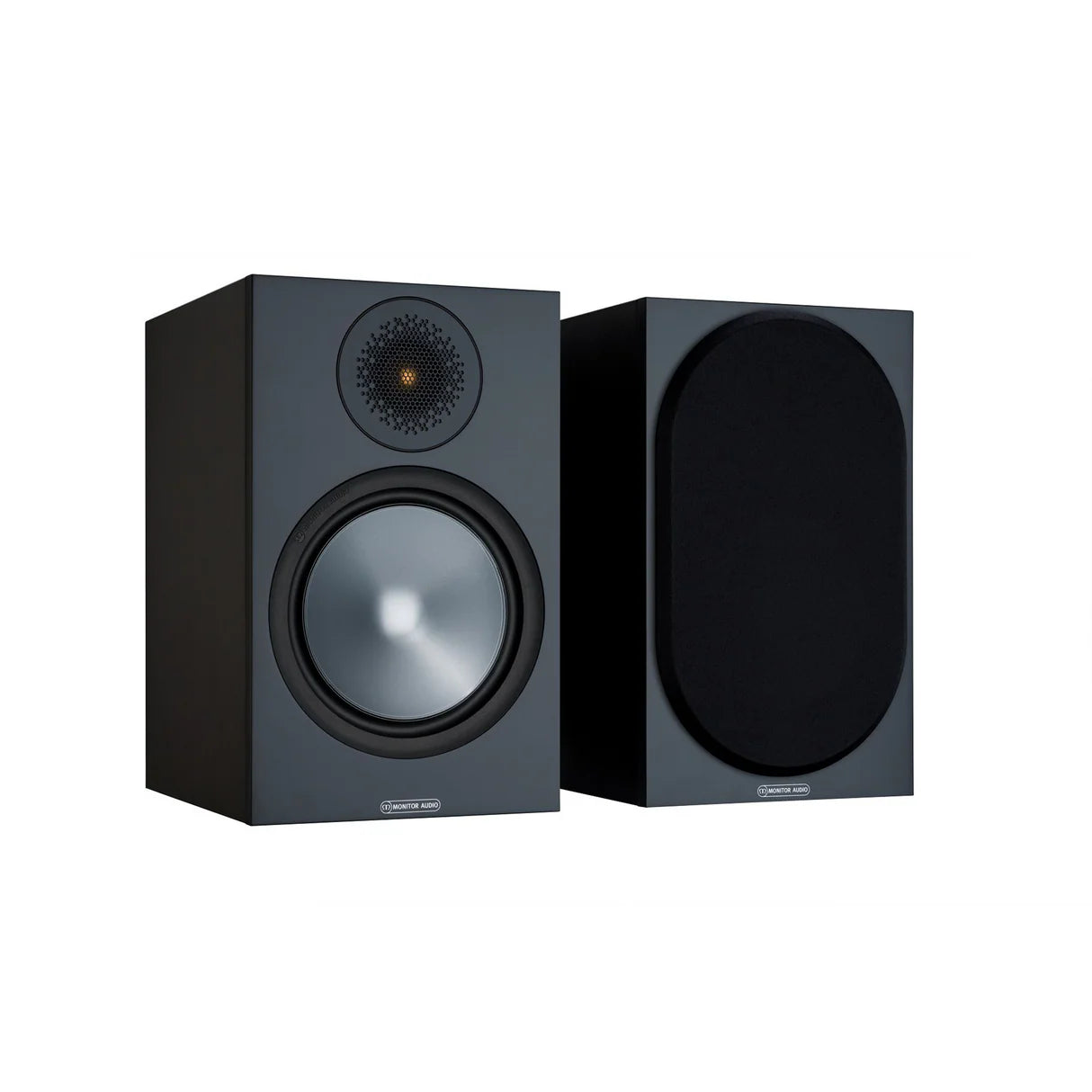 Pair of black speakers on a white background