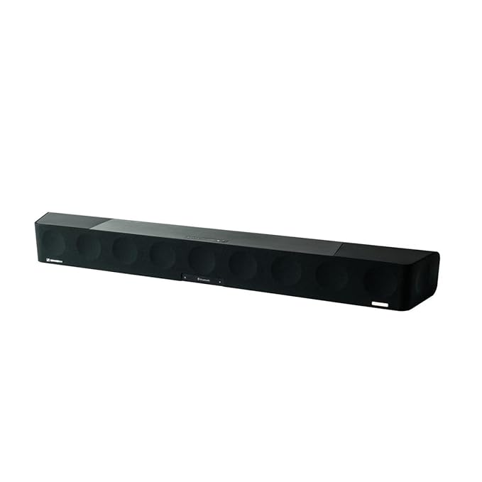 Black soundbar with multiple speakers on a white background