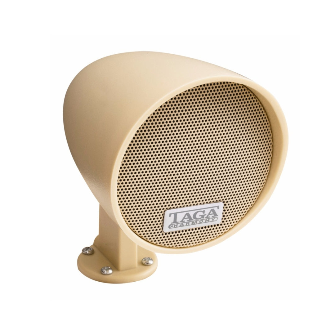 Beige outdoor speaker with 'TAGA' branding on a white background