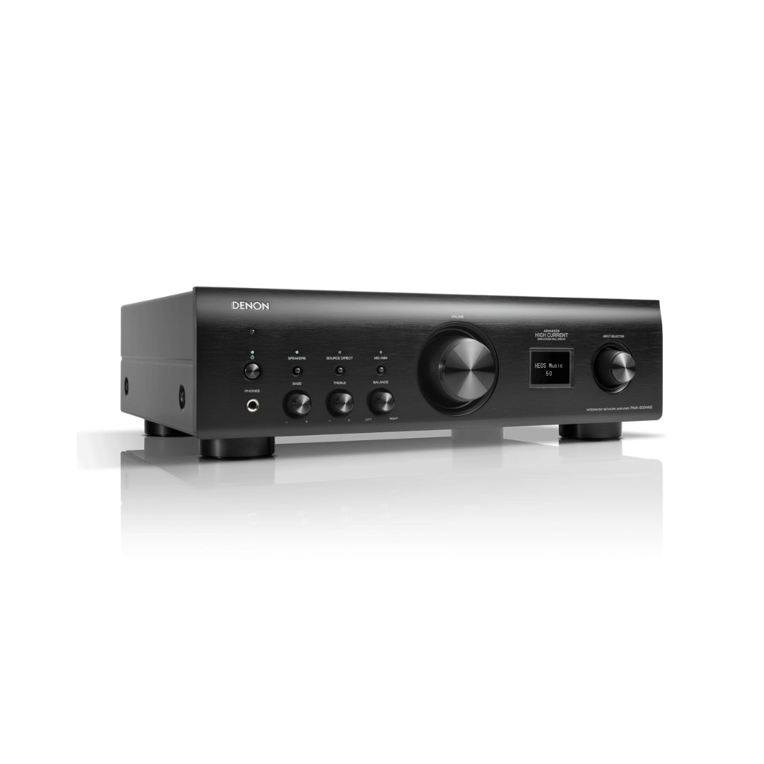 Black Denon audio amplifier on a white background