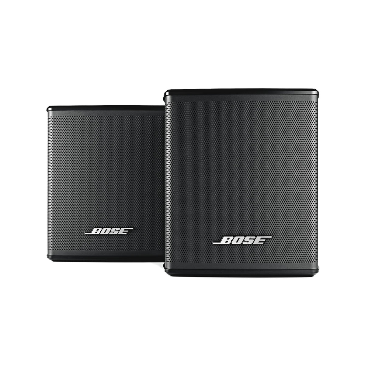 Two black Bose speakers on a white background