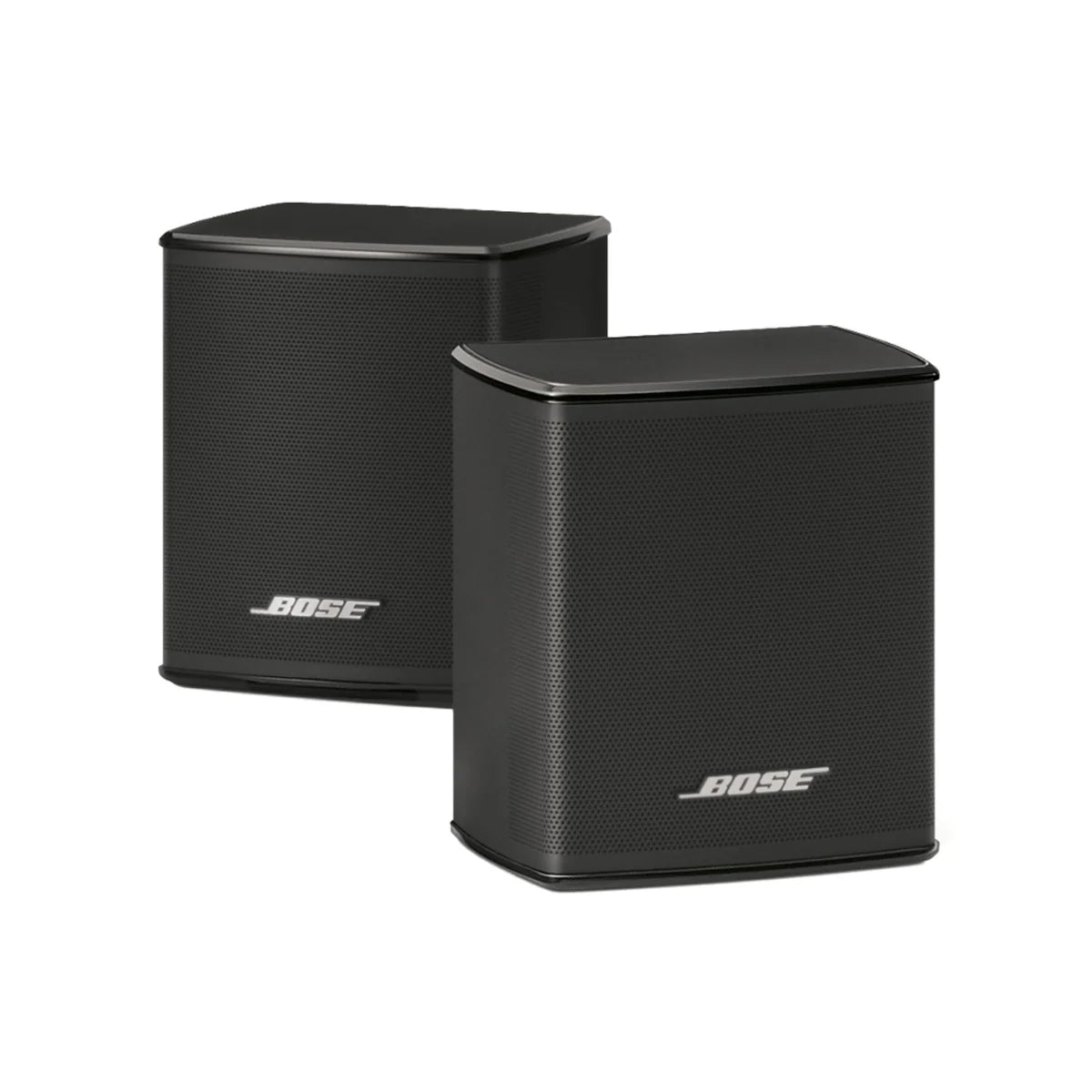 Two black Bose speakers on a white background