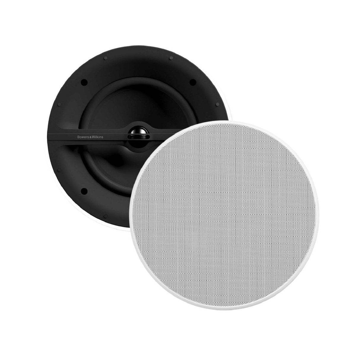 Black and white ceiling speakers on a white background