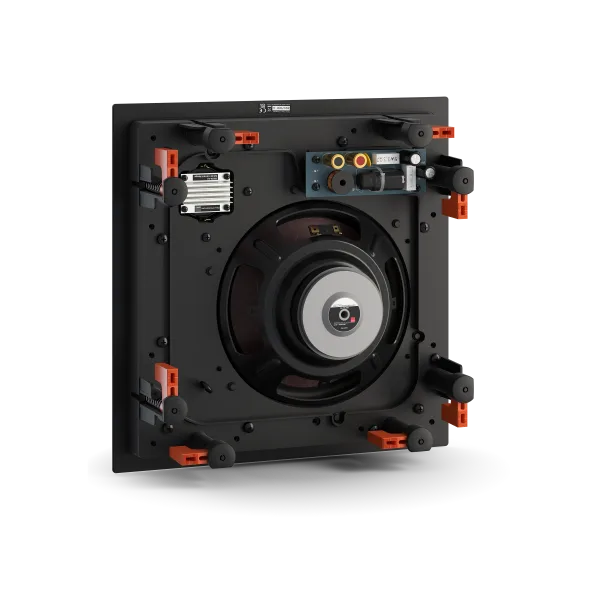 Black speaker with visible components 