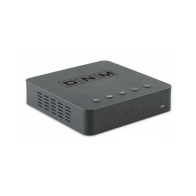 Black electronic device with 'DNM' branding on a white background