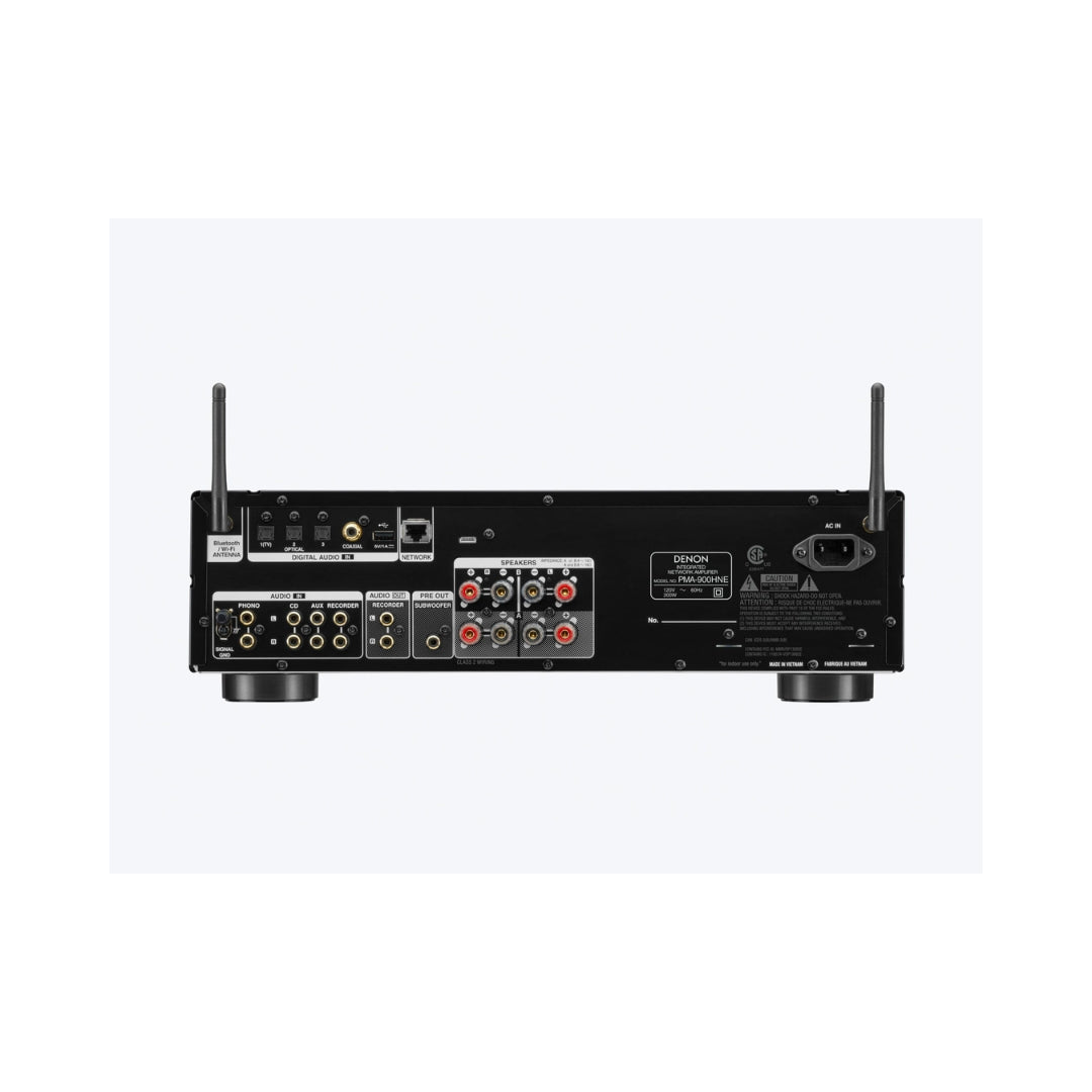 Black Denon audio amplifier on a white background