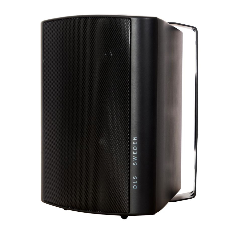 Black speaker with 'DLS Sweden' branding on a white background