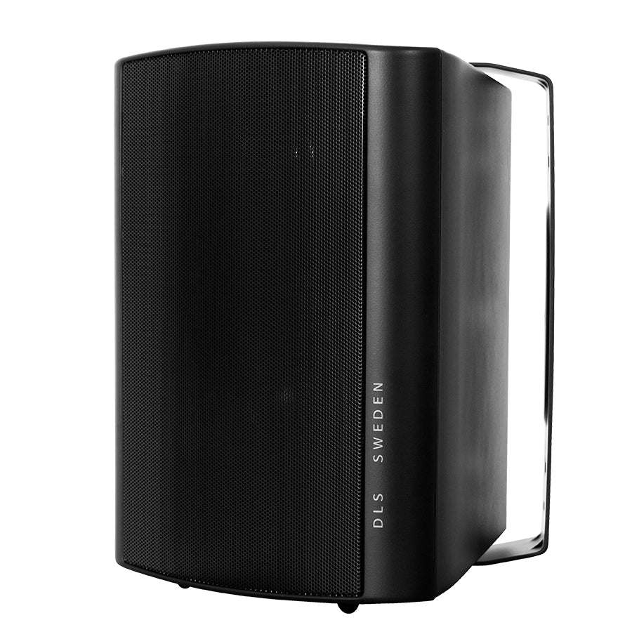 Black speaker with 'DLS Sweden' branding on a white background
