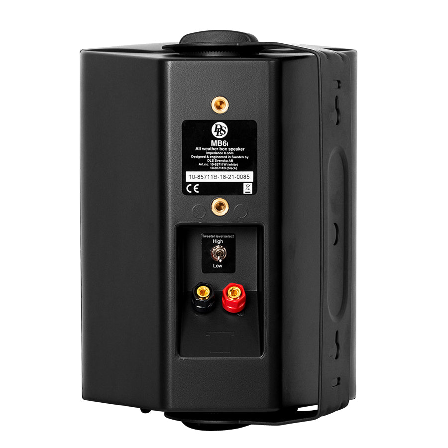 Black speaker with 'DLS Sweden' branding on a white background