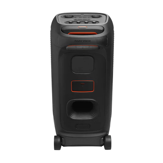 Black portable speaker with wheels 