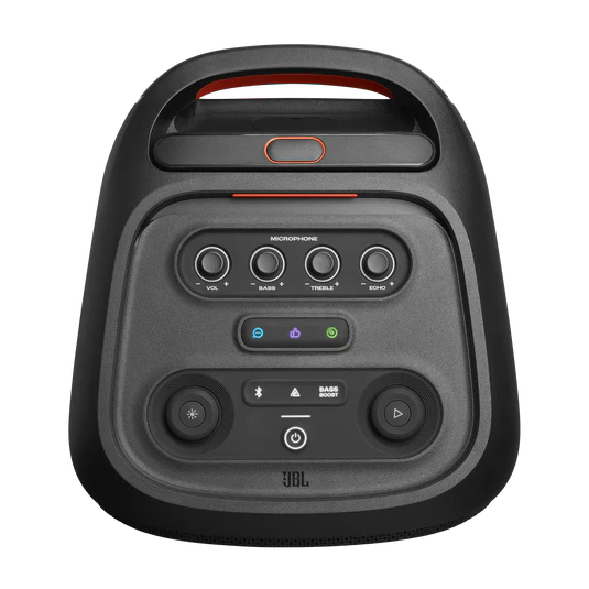 Black portable speaker with control buttons