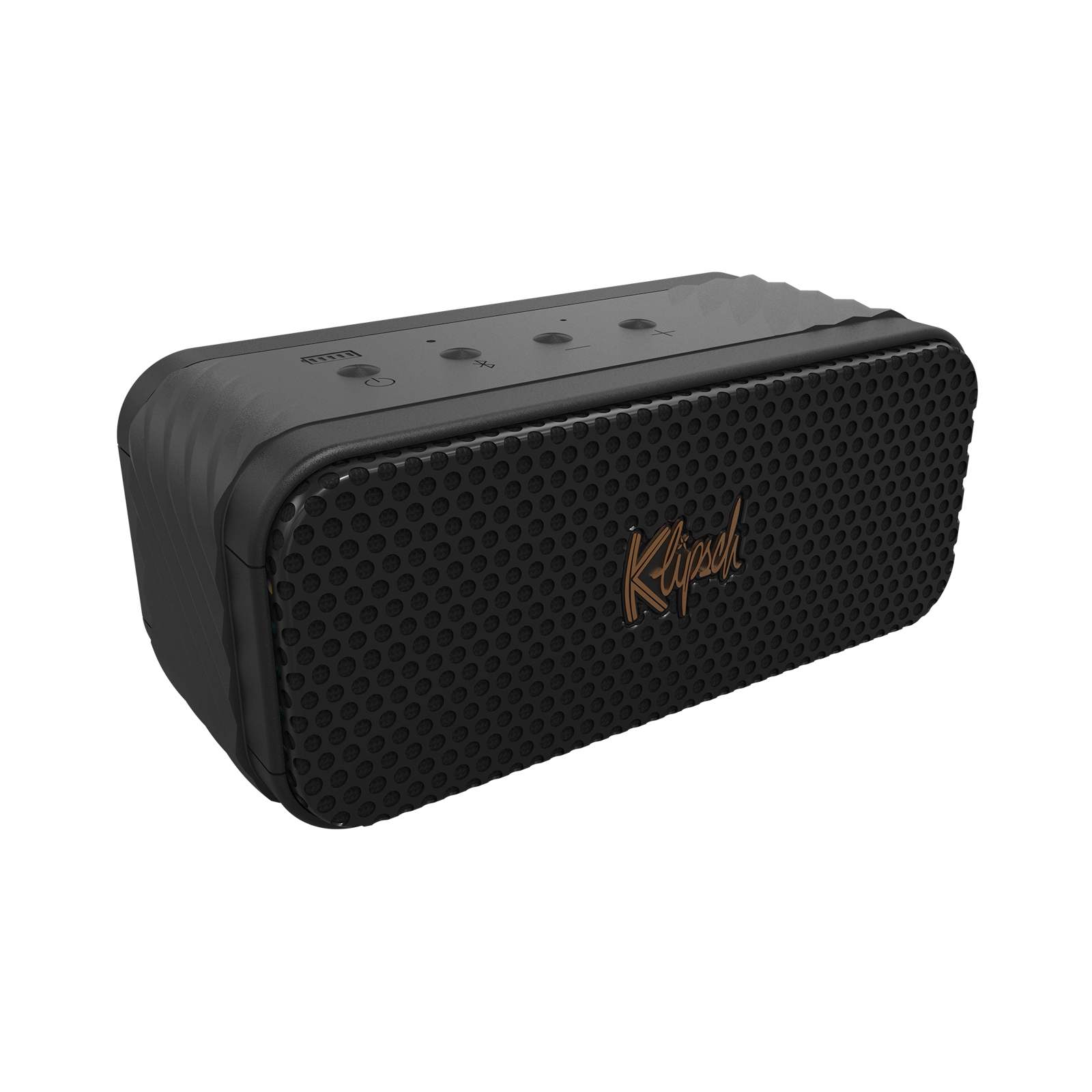Black portable speaker with honeycomb design on a white background