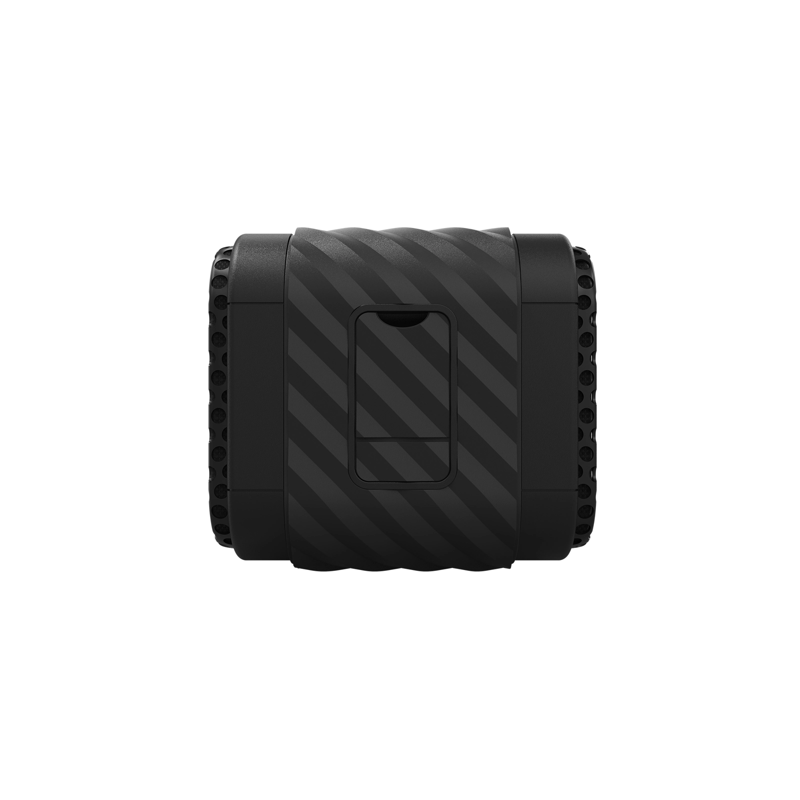 Black portable speaker with honeycomb design on a white background
