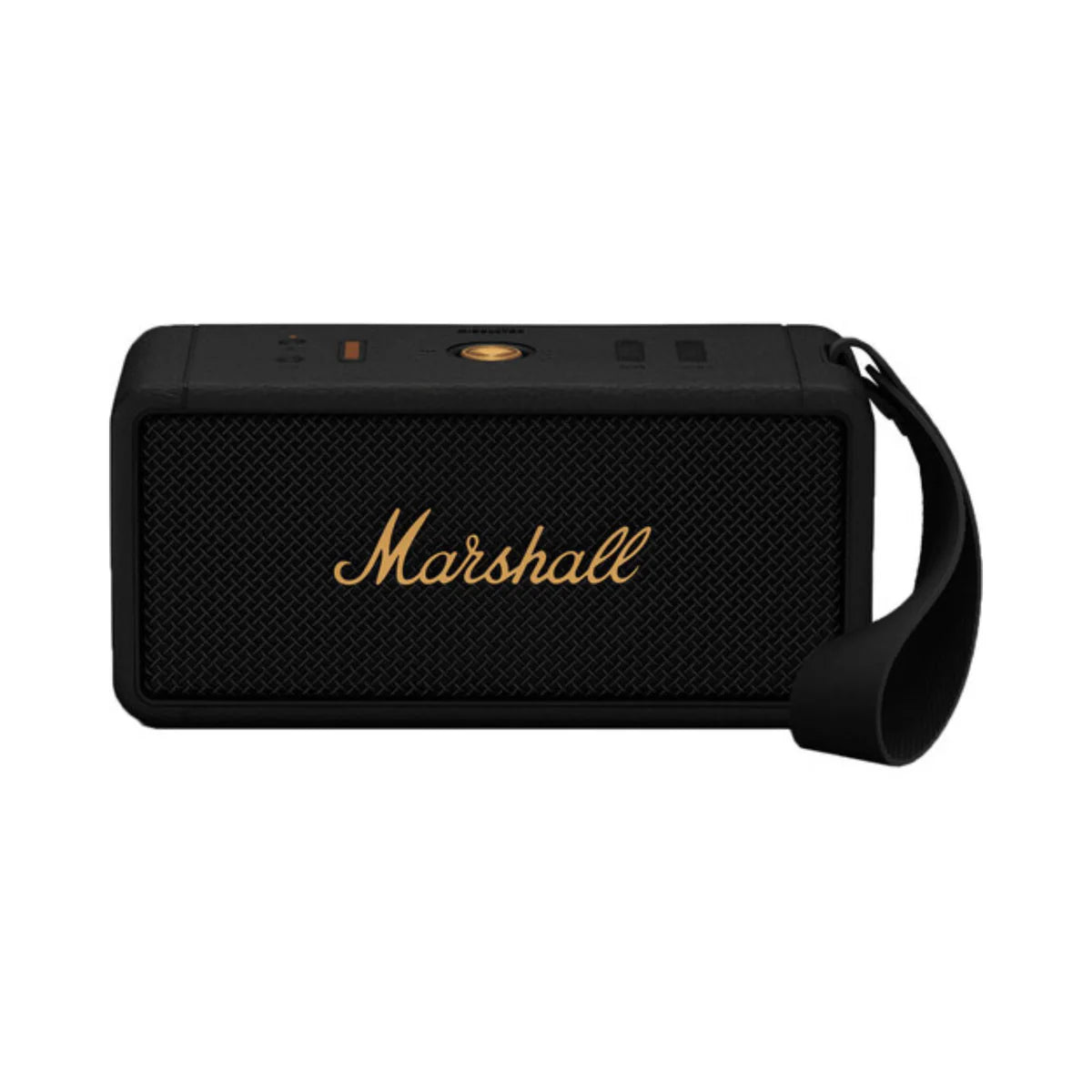 Black Marshall portable speaker with gold logo on a white background