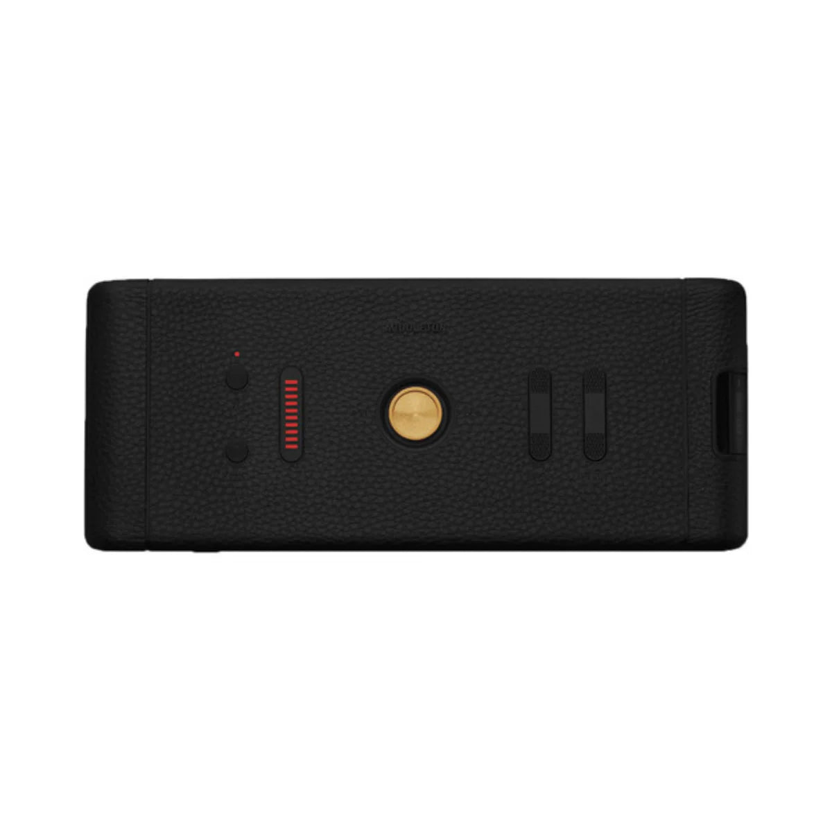 Black Marshall portable speaker with gold logo on a white background