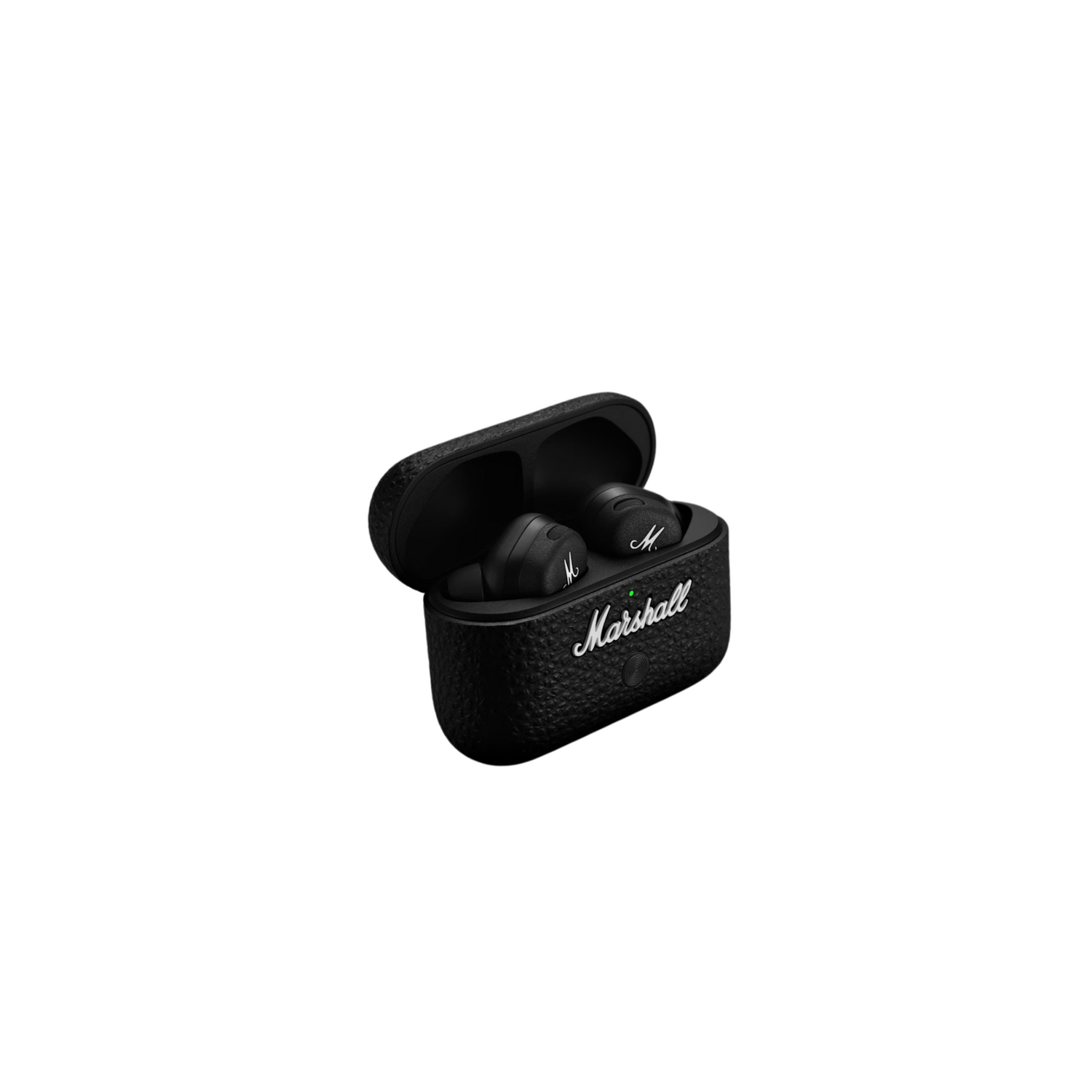 Black Marshall wireless earbuds in a case on a white background