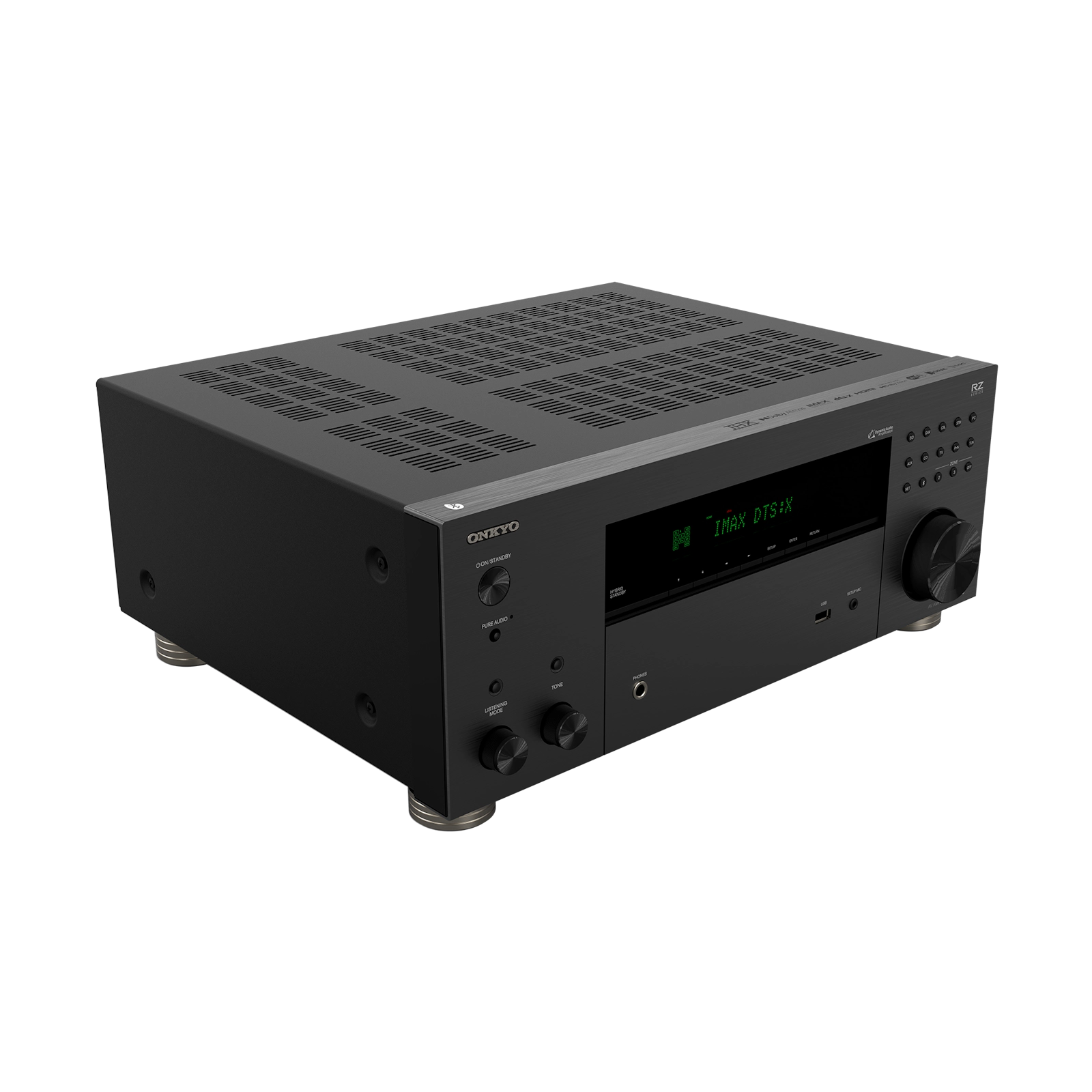 Black audio amplifier with digital display on a white background