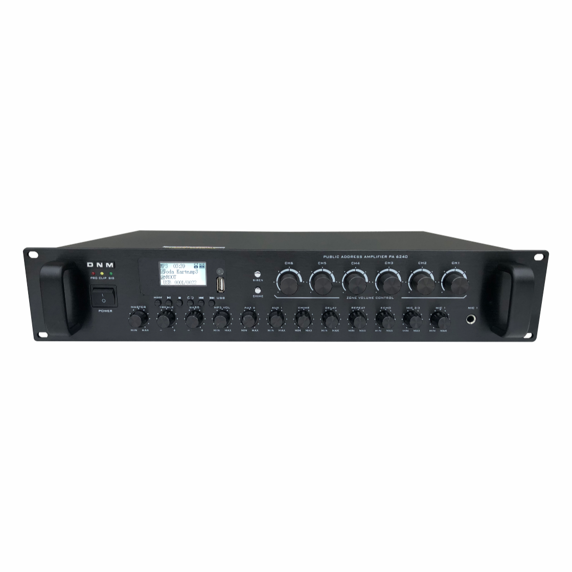 Black audio amplifier with control panels on a white background