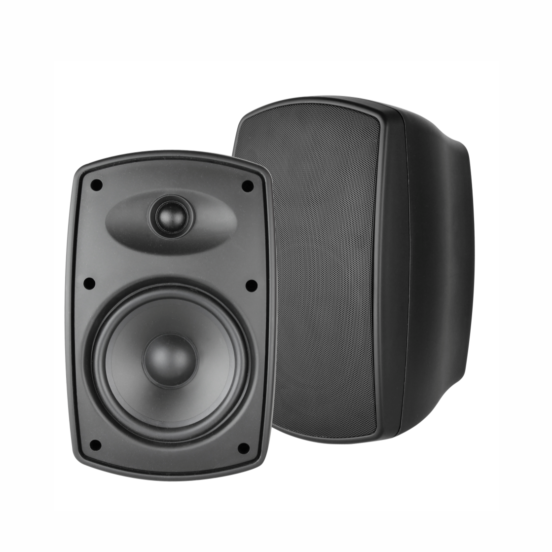 Pair of black outdoor speakers on a white background