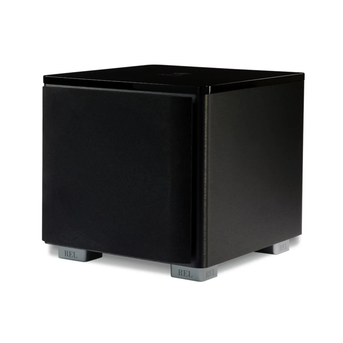 Black subwoofer with 'REL' branding on a white background