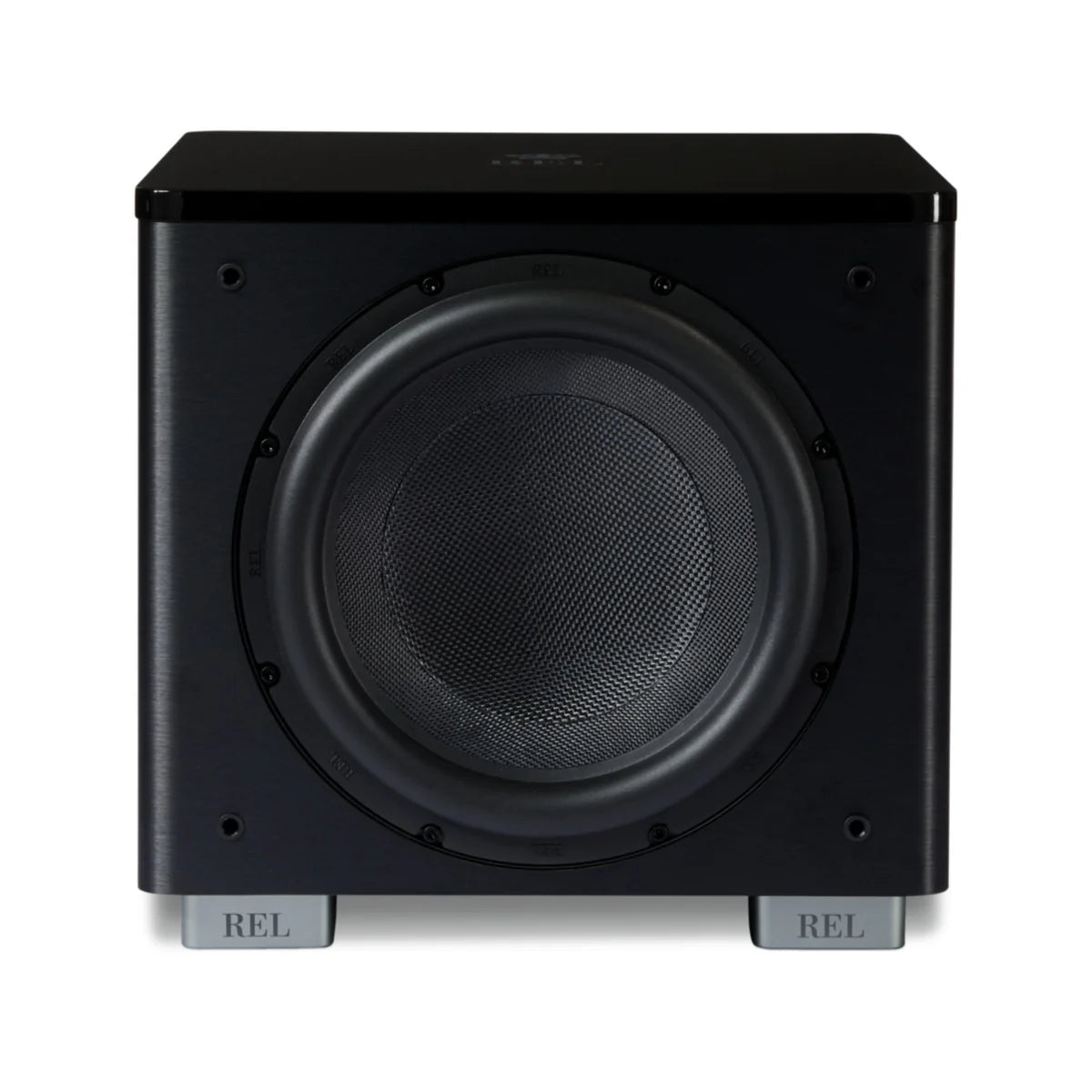 Black subwoofer with 'REL' branding on a white background