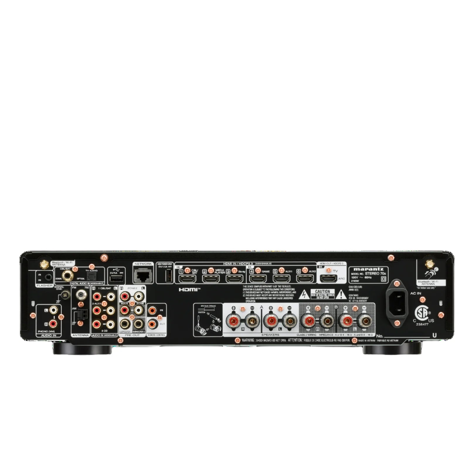 Black audio amplifier with 'marantz' branding on a white background