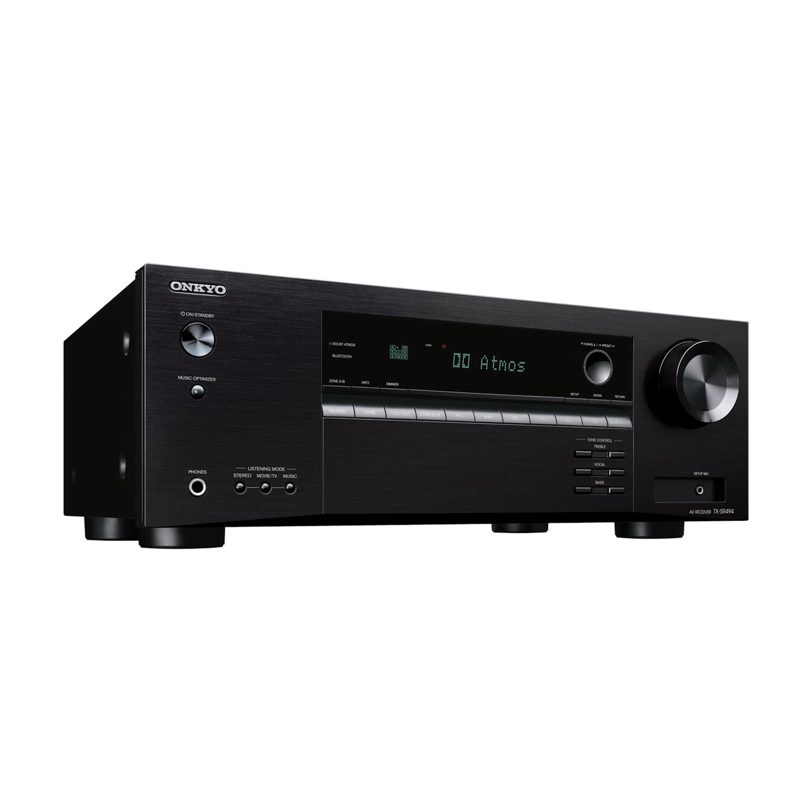 Black audio receiver with silver accents on a white background