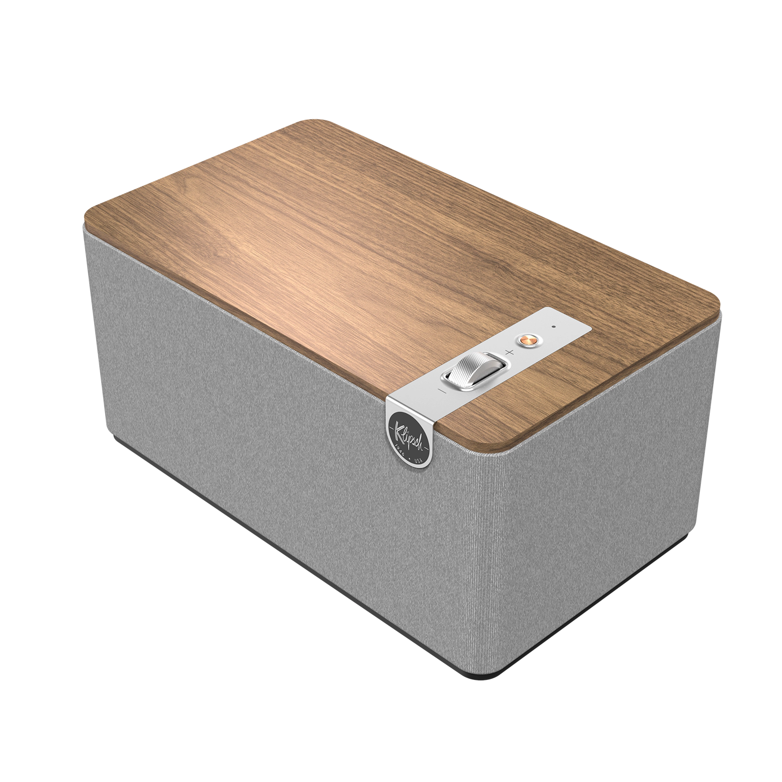 Rectangular speaker with wooden top and gray sides on a white background