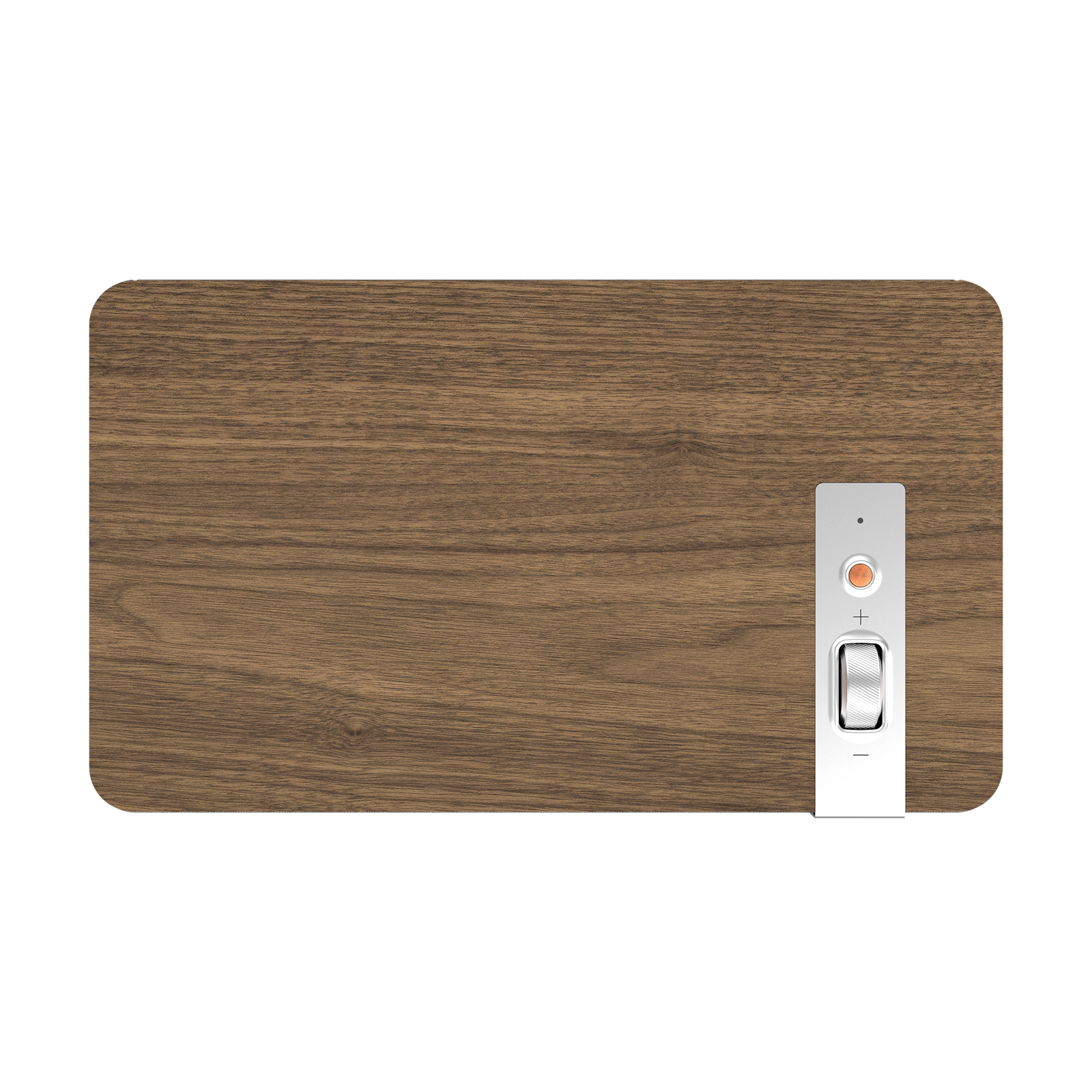 Rectangular speaker with wooden top and gray sides on a white background