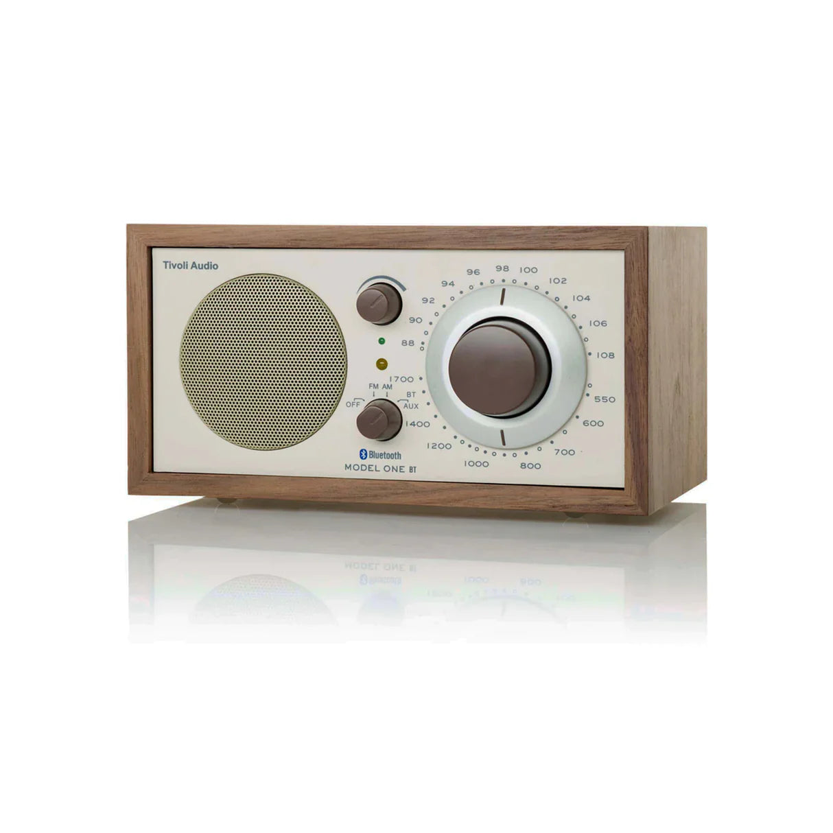 Vintage-style radio with wooden casing on a white background