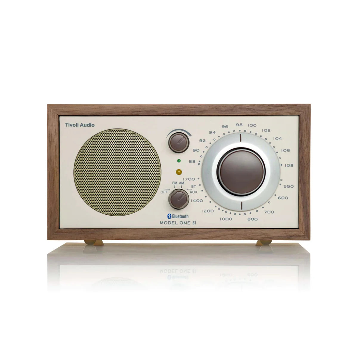 Vintage-style radio with wooden frame and beige face on a white background