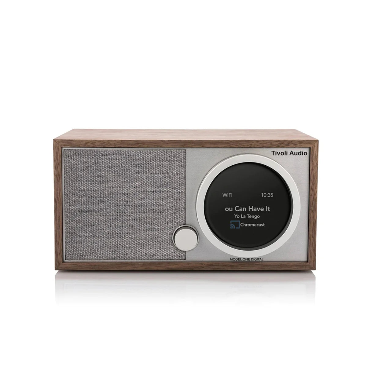 Tivoli Audio speaker with digital display on a white background