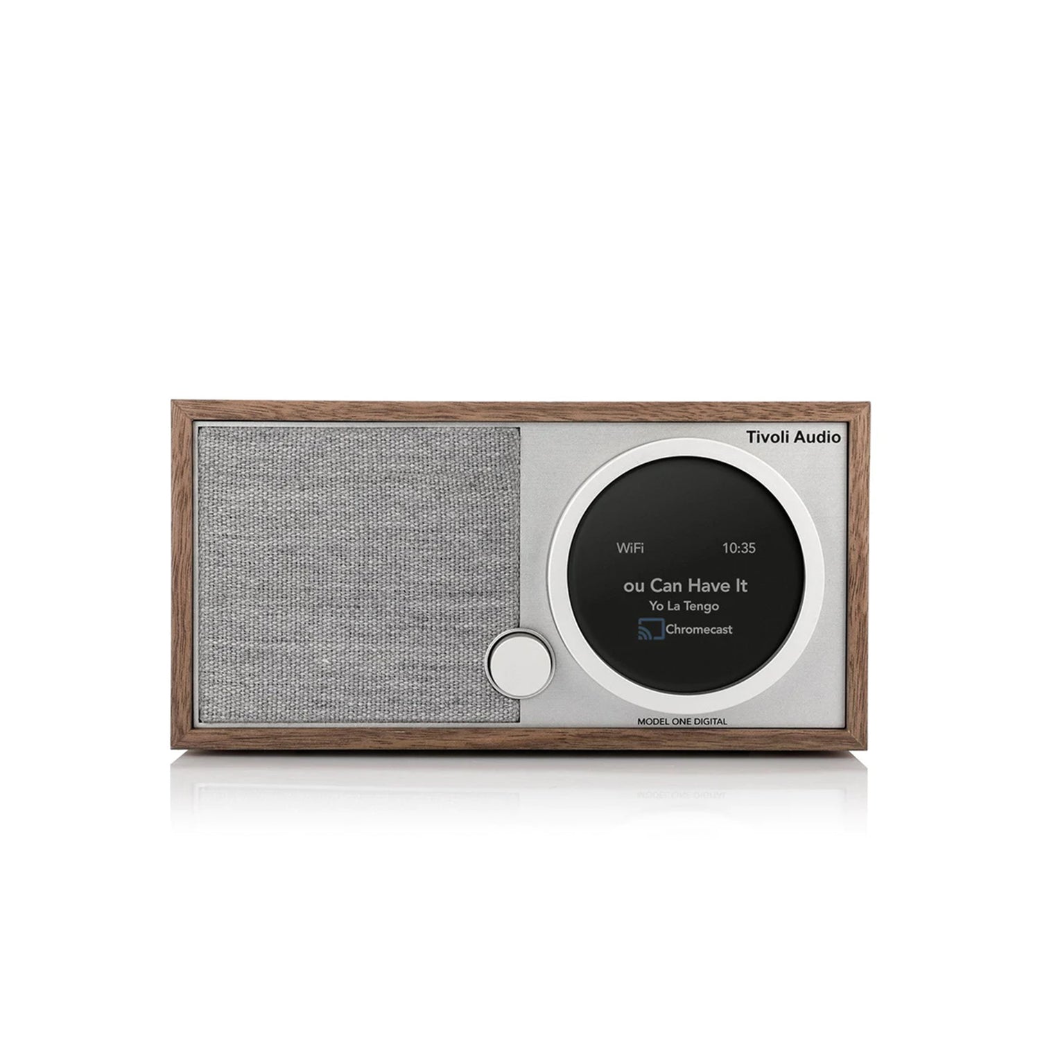Tivoli Audio speaker with digital display on a white background