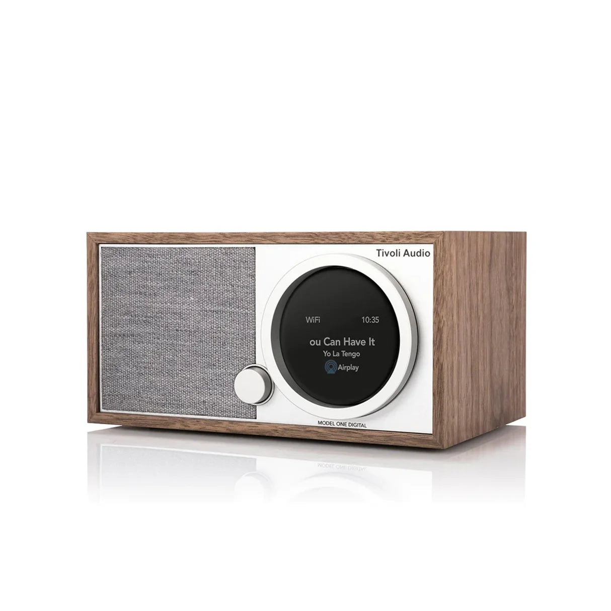 Tivoli Audio radio with wooden front panel on a white background