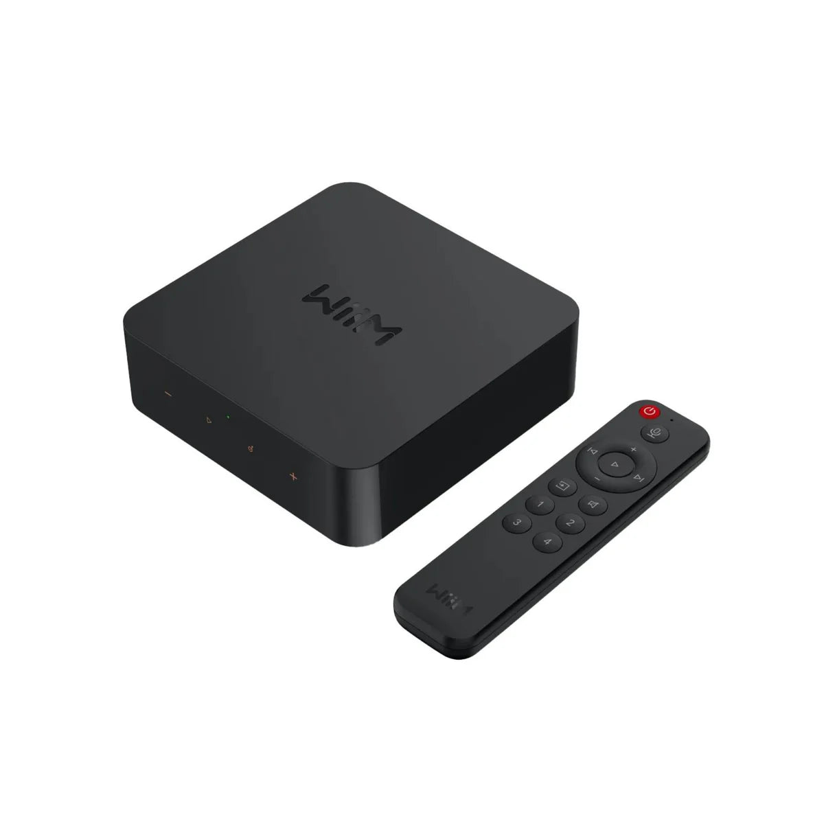 Black electronic device with remote control on a white background