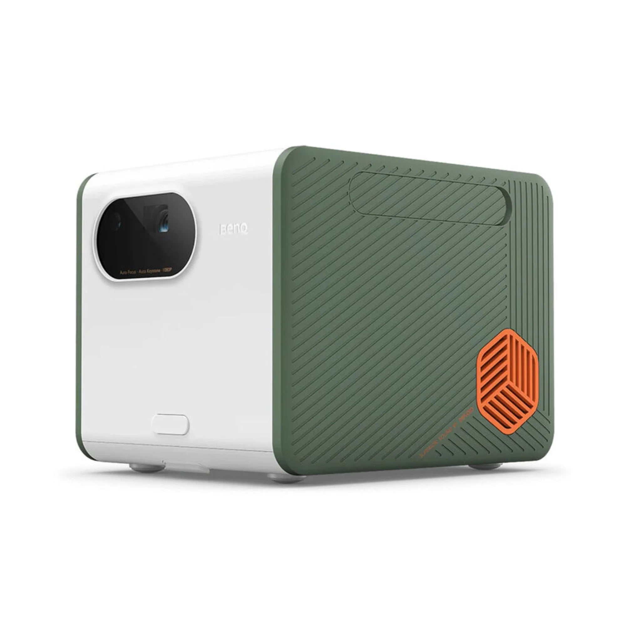 Green phone case with orange logo on a white background