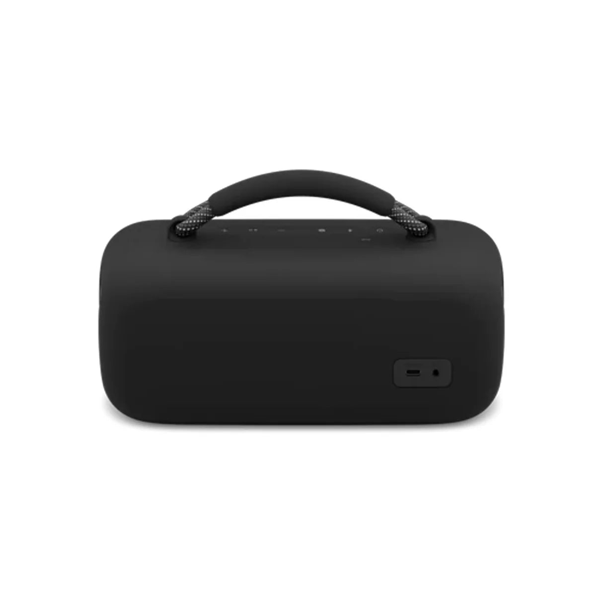 Black portable speaker with handle on a white background